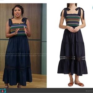 En Saison Shay Smocked Maxi Dress Navy Multicolor Tiered Tie Strap Size Large